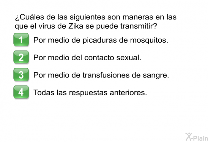 ¿Cules de las siguientes son maneras en las que el virus de Zika se puede transmitir?  Por medio de picaduras de mosquitos. Por medio del contacto sexual. Por medio de transfusiones de sangre. Todas las respuestas anteriores.